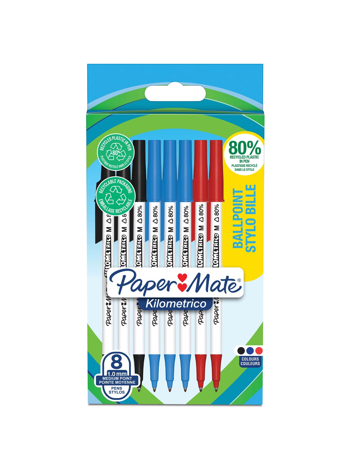 Paper Mate Kilometrico Kugelschreiber | lange Schreibdauer mit mittlerer Spitze (1,0 mm) | schwarze, blaue und rote Tinte | 80 % recyceltes Plastik | 8 Stück