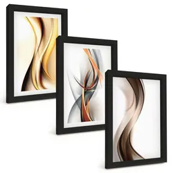 BILDER SET 3er Set - 20x30 cm Schwarzer Rahmen - Gelbgrau-braune Wellen