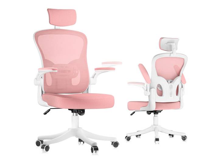 Rattantree Bürostuhl ergonomisch, höhenverstellbar, klappbare Armlehnen, Kopfstütze – Pink, Metall, 50.5x134x52 cm, Büromöbel, Bürostühle, Drehstühle