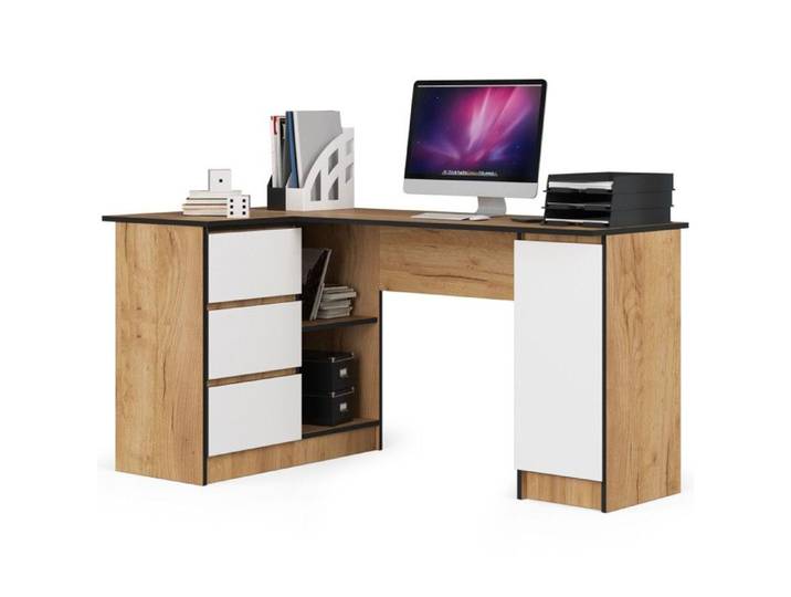 Grand bureau d'angle AKORD gauche B20 Chêne Craft 155 cm 1 porte 3 tiroirs façade Blanche 4 étagères 155x85x77 cm