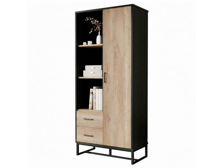 Modfu Vitrine aus MDF 80x40x180 cm Schwarz/Holzfarbe mit 1 Tür, 2 Schubladen und 3 offenen Fächern, 80x180x40 cm, Esszimmer, Vitrinen, Vitrinenschränke