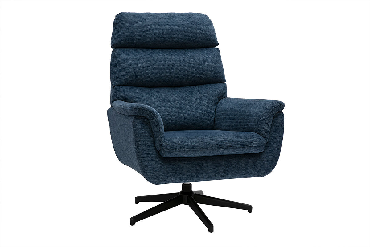 Miliboo Drehbarer Sessel aus dunkelblauem Chenille-Stoff und schwarzem Metall JONAH