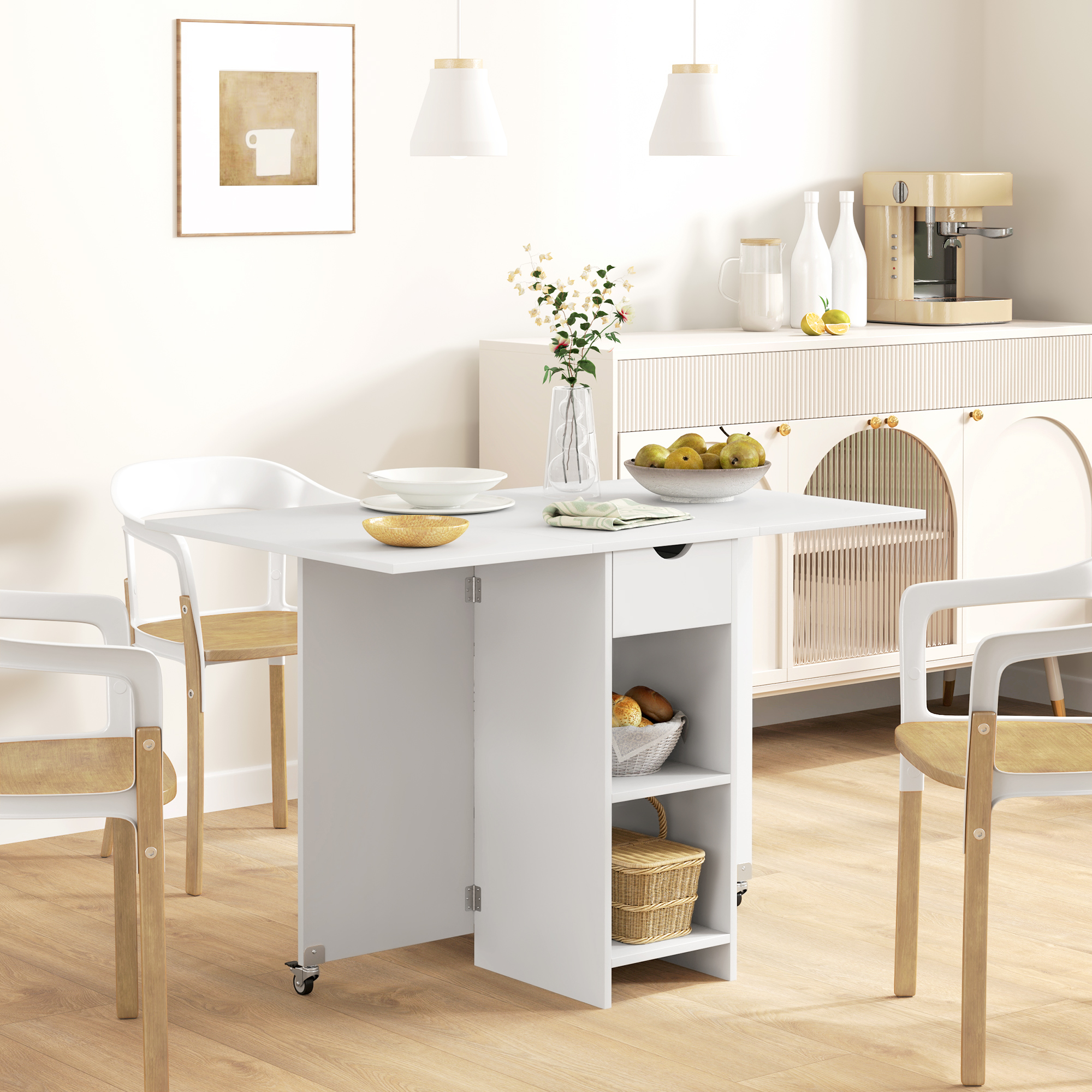 Homcom Tavolo Pieghevole per 2-4 Persone, Tavolo da Cucina Pieghevole con Spazio di Archiviazione, Tavolo Espandibile su Ruote, Bianco