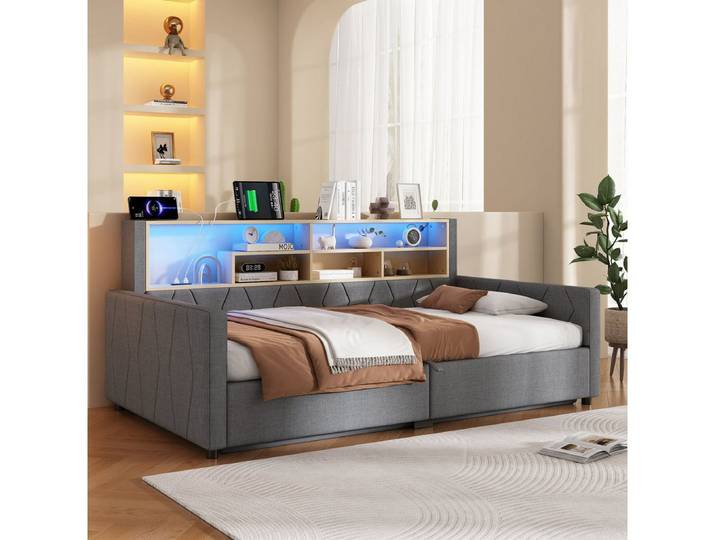 Odikalo Schlafsofa Schlafcouch 90x200 140x200 mit Bettkasten Steckdose LED ohne Matratze, Hydraulische Lagerung, mit USB-Anschluss, Mit LED-Lichtleiste, Leinen, Gewichtskapazität: 150 KG