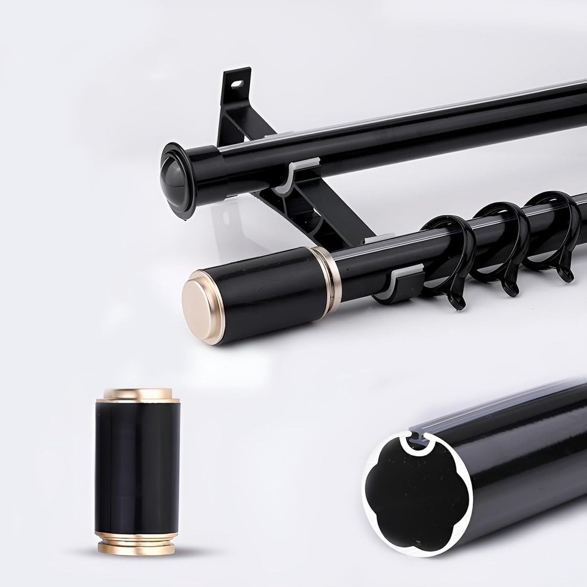 Dubbele Gordijnroede Set in Zwart Aluminiumlegering - 250 cm