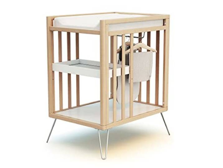 JURABABY – Wickeltisch mit 2 Holzregalen NUR Stahl 76 x 56 x 94 cm Mit Tablett, Regal und Garderobe Kompakt Stabil mit Stahlbeinen