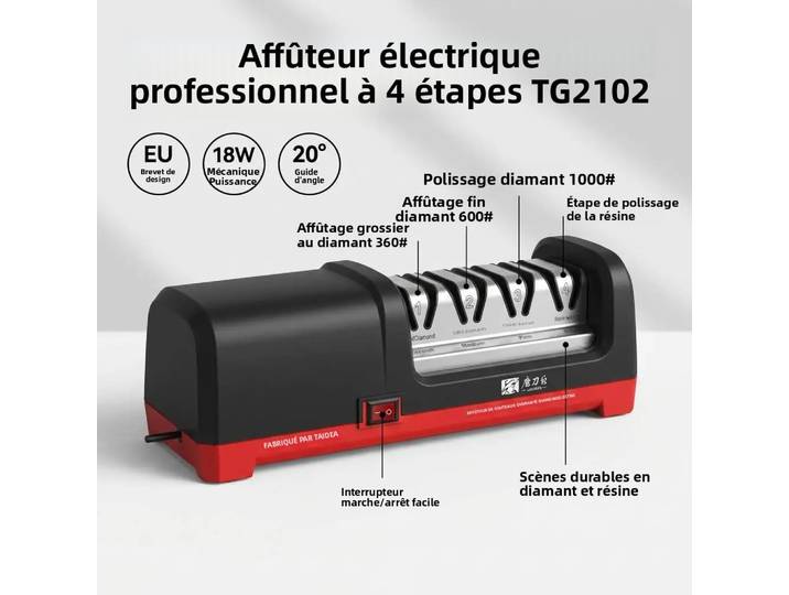 Taidea TG2102 Affûteur de couteaux électrique professionnel 4 étapes, meule diamantée, polissage résine, 18W 2800RPM, Brevet UE, robuste, 1480g, outil stable, pour couteaux de cuisine, de chef, de
