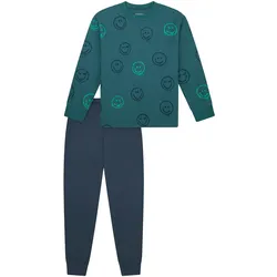SCHIESSER Jungen Schlafanzug, lang - Smileys, Bündchen, Baumwolle Blau/Grün / 116