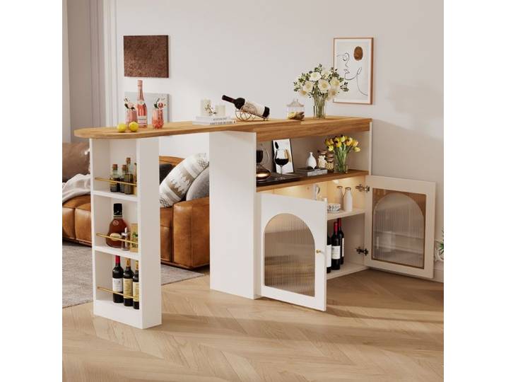 Table de bar extensible 138-193x39x105cm Table bistro Table à manger avec Lumière LED 2 Portes 3 Étagères - blanc