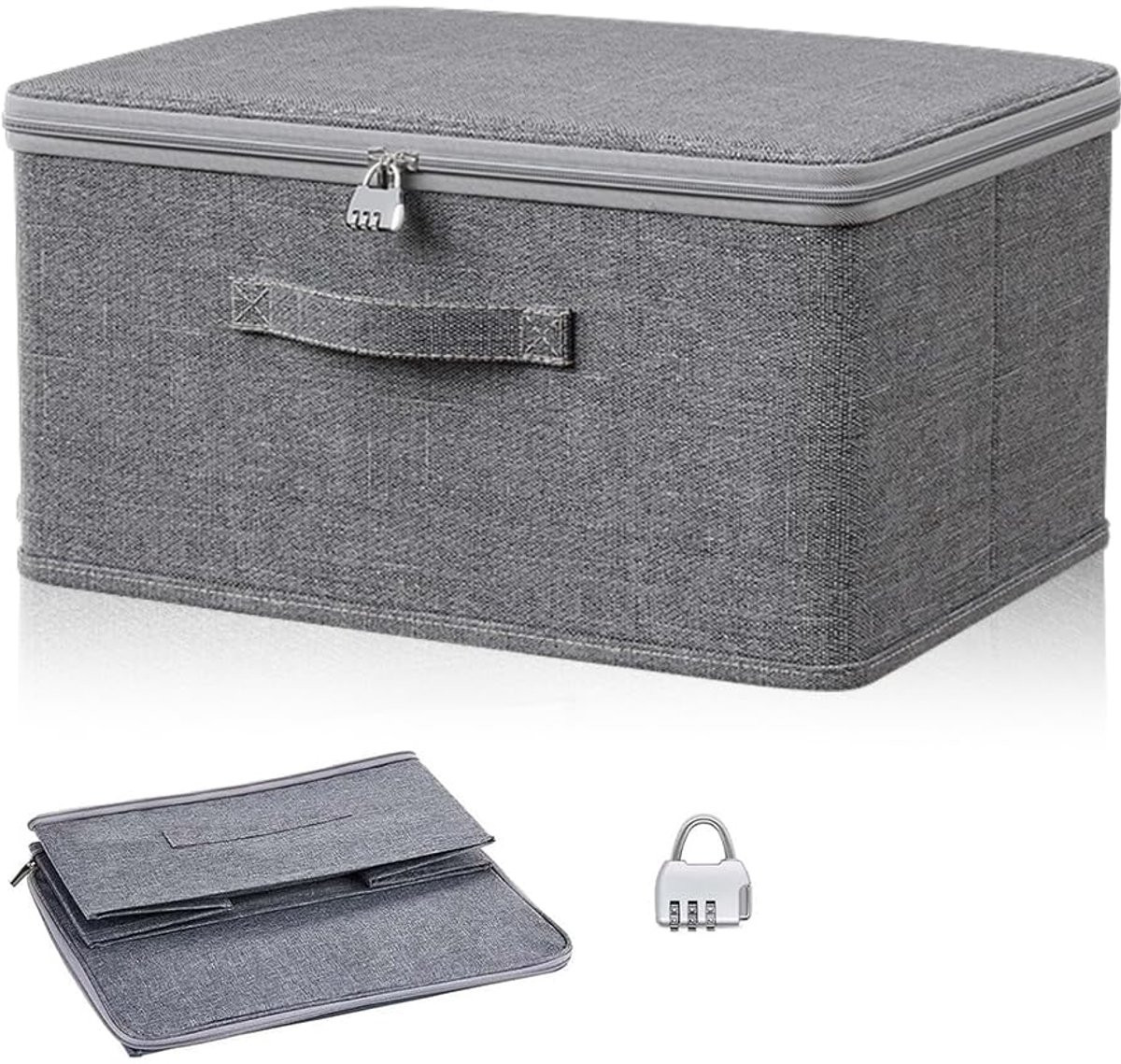 Opvouwbare textiele opbergdoos met deksel en handvatten, grijs, B: 30 cm, D: 14 cm, H: 20 cm