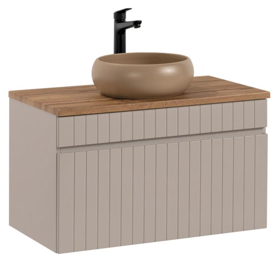 Badezimmer-Set ICON: Waschtischunterschrank 80 cm Kaschmir + Platte für Waschbecken + Aufsatzwaschbecken rund
