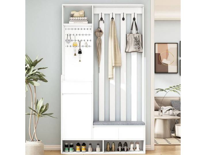 Meuble d'Entrée - 180cm - Porte-Manteau - Range-Chaussures Intégré - Banc Rembourré - Blanc