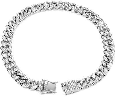Uplifted Finds Luxury Cuban Link Cat Necklace Jewelry Rhinestone Collar silver 8 In 20 Cm