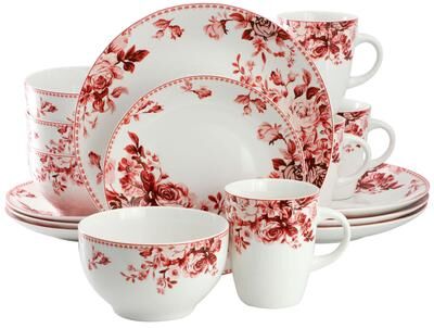 Elama Traditional Red Rose 16 Piece Stoneware Dinnerware Set