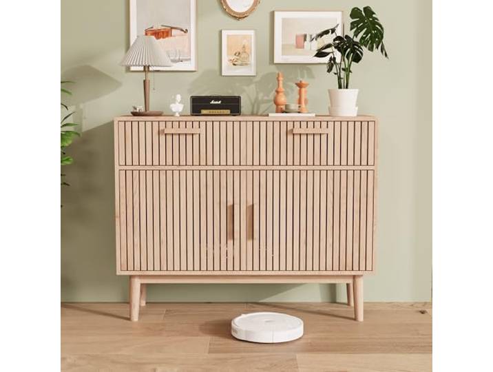 Rattan Sideboard Kommode mit 2 Schublanden und 2 Türen,100x35x80 cm Küchenschrank, Aufbewahrungskommode, Rattan Sideboard Schrank Beistellschrank, kommode Schmal, Modern Schrank für Wohnzimmer