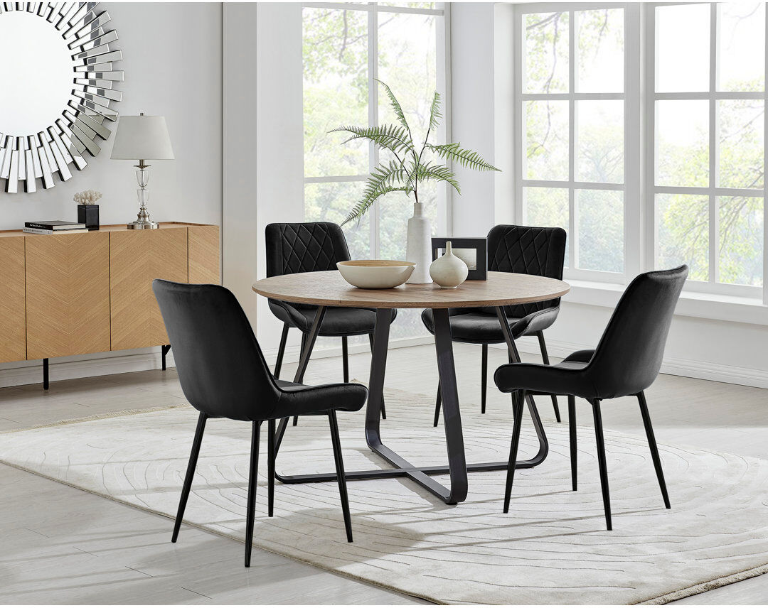 Fairmont Park Venedocia Round Wood Effect Dining Table & 4 Luxury Velvet Dining Chairs Black/Black 4