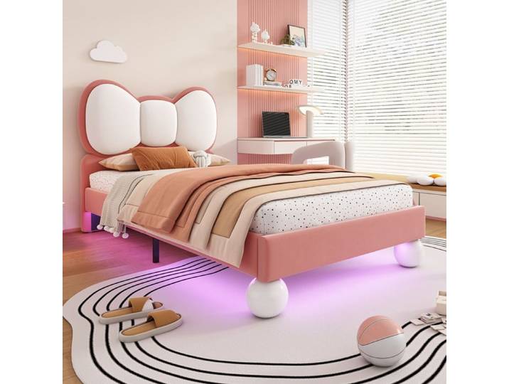 Lit enfant - ZEVKOR - Simple - 90×200 cm - Tête de lit papillon velours - LED réglable
