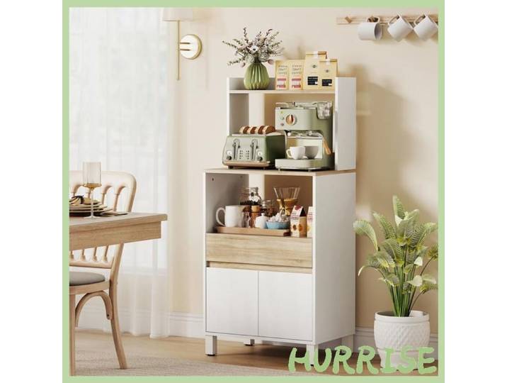 Cocosity Meuble Micro Onde Buffet Cuisine Avec Placard Tiroir Étagère Supérieur 60 X 40 X 131 Cm Chêne Et Blanc