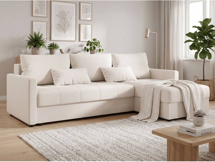 ANGEBOT Ausziehbare, beidseitige Ecksofa VENORIA 220x143 cm, creme + 2 Kissen GRATIS II. Klasse