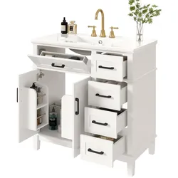 Merax Freistehender Waschtisch 90×46×87 cm, Badezimmerschrank mit Keramikwaschbecken, 4 Schubladen, Klappfach, Doppeltür, weiß