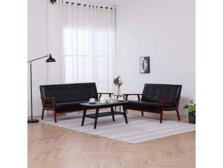 HEFZGDB Skandinavisches Design 2-TLG. Sofagarnitur Schwarz Kunstleder, 2-Sitzer und 3-Sitzer Sofa Set mit Massivholzrahmen, Bequem Polstermöbel für Wohnzimmer, Langlebig und Stilvoll
