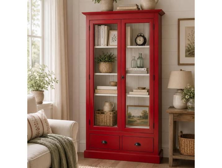 Vitrinenschrank im Antik-Look - rote Vitrine mit Schubladen