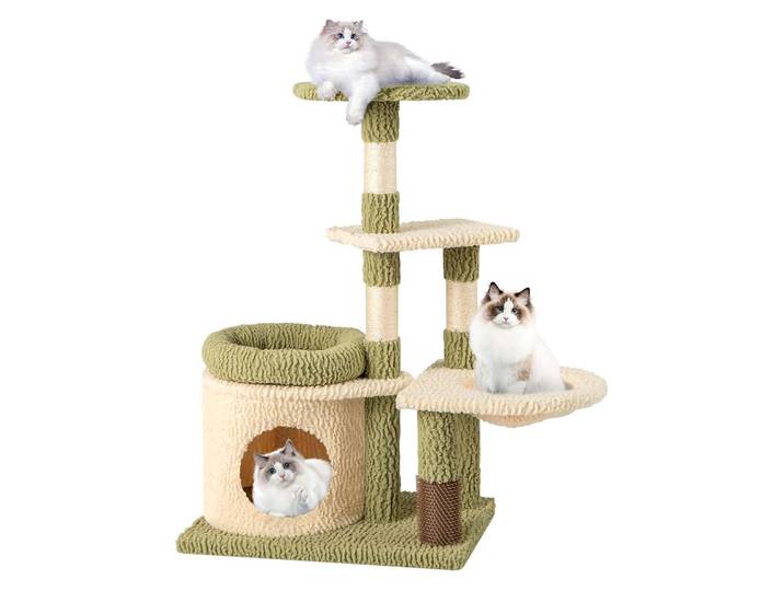 Petit griffoir pour chat avec plateformes, tanière et hamac, griffoir pour chat en bois et peluche, mobilier pour chat