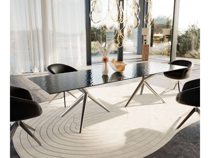 Esstisch Edge 300x100 Reliefglas Rauchschwarz 3D-Design Estelar rund Edelstahl, Esstische
