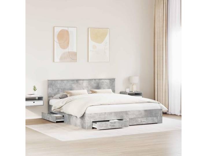 KTHLBRH Bettgestell mit Kopfteil, Zementgrau, 200 x 200 cm Technisches Holz, integrierte Schubladen, Lattenrost, einfache Reinigung