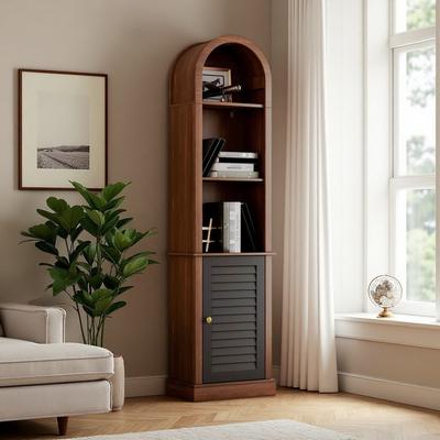 ZWYO HOSIMU "68"" Narrow Arched Corner Bookshelf with Shutter Door, Wooden Display Cabinet, Open & Hidden Storage Rack for Small Spaces"