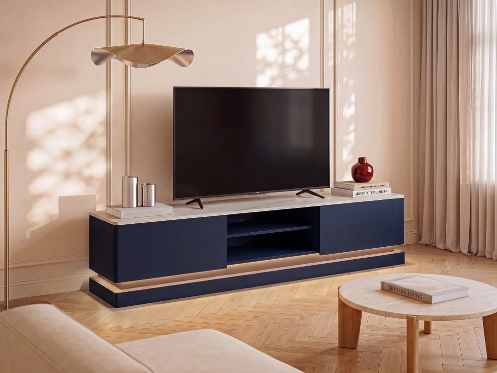Unique Mueble bajo de tv madera azul oscuro, blanco