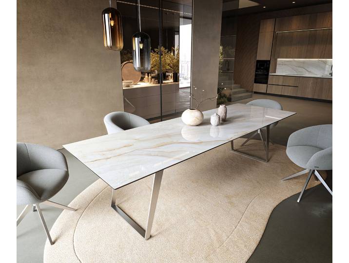 Esstisch Edge 300x100 cm Keramik Onyx Pearl Edelstahl Schräg, Esstische