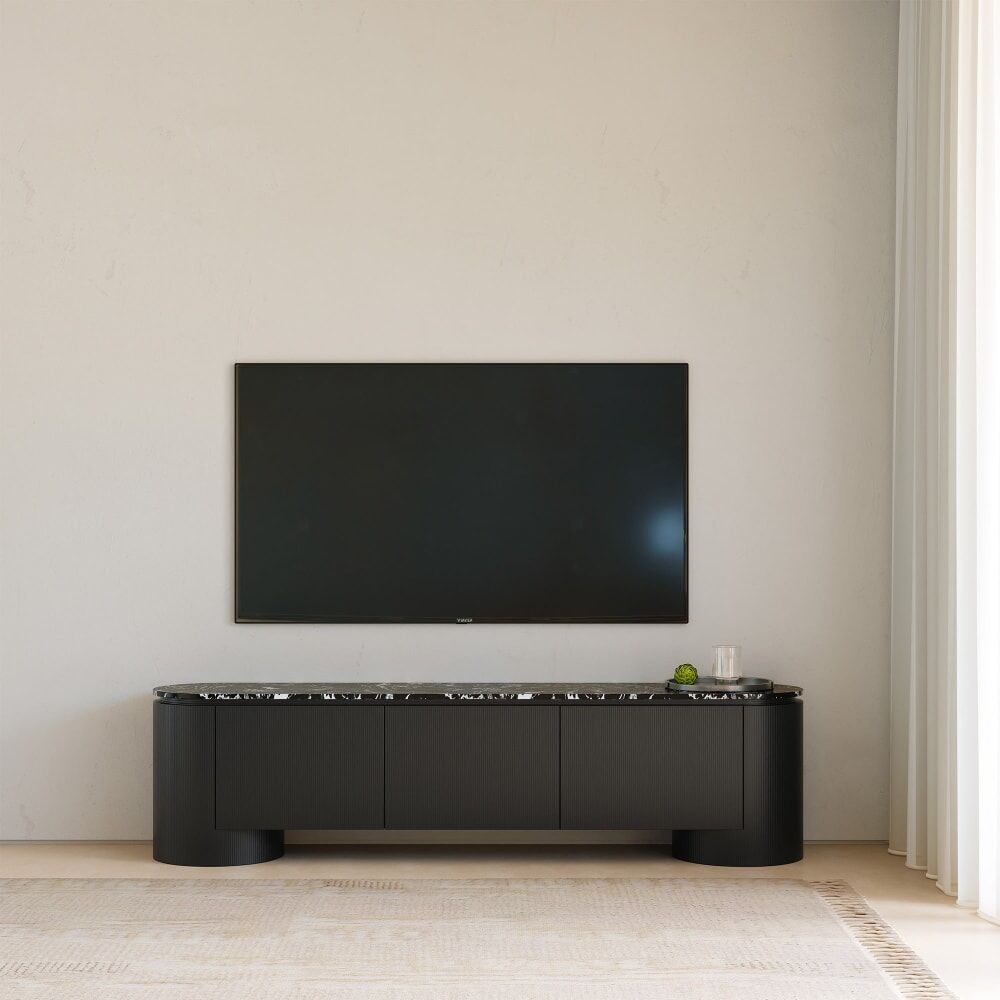 MOBILIER DECO  Meuble tv 3 portes plateau en marbre d'ingénierie noir et blanc Noir 40x51x40cm