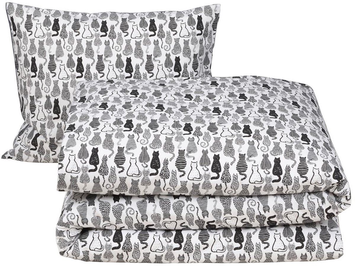 Moodit Dekbedovertrek Odil Chat Chat Noir - Wit - Katoen - 140 x 200/220 cm + 60 x 70 cm