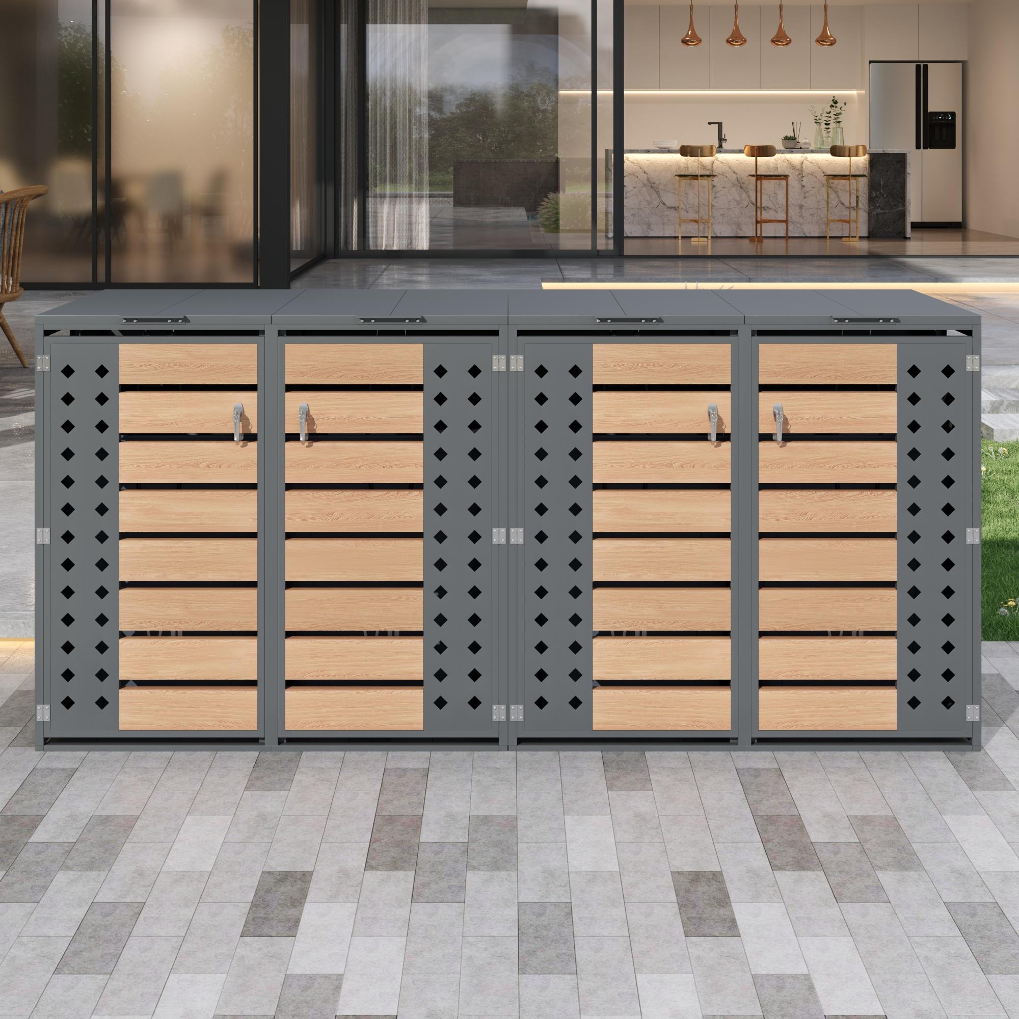 Moonbite Mülltonnenbox 4 Fächer mit Klappdeckel, breite Mülltonnenverkleidung mit rautenförmig gelochten Seitenwänden, Holzfront und Schlössern, Stahl, Grau