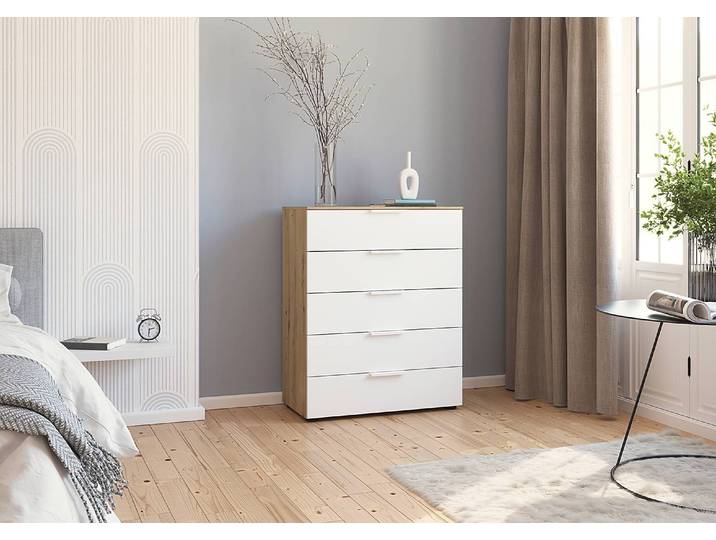 Kommode Flipp mit 5 Schubladen 80cm Braun/Alpinweiß/Eiche Artisan Dekor