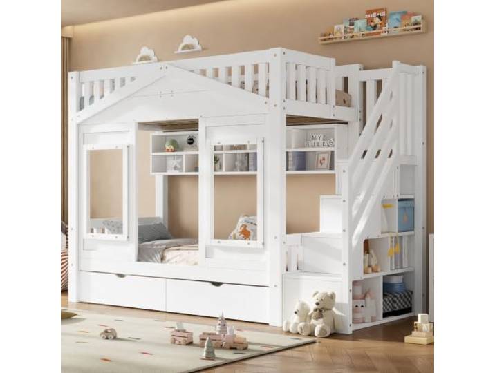 Aunvla Etagenbett, Hochbett, Kinderbett 90x200cm mit Rausfallschutz und Stauraumtreppe, Jugendbett, mit Fenster, Massivholz, weiß