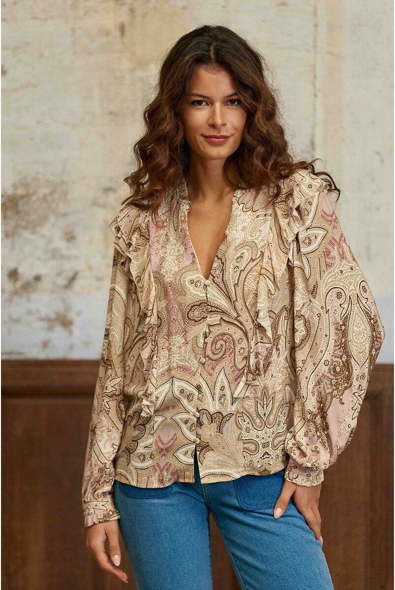 LA PETITE ETOILE Blouse à volants manches longues imprimé cachemire, BERRY