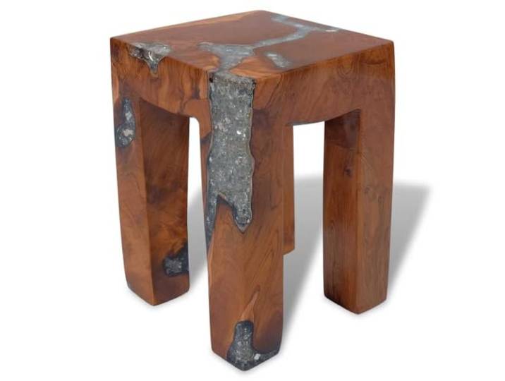 Hocker aus massivem Teakholz und Kunstharz, mehrfarbig, 30 x 30 x 40 cm Quatre pieds stables, finition laque claire, résine transparent avec verre, charge max 110 kg par assise