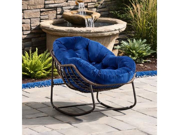 Fauteuil à bascule de jardin en rotin synthétique bleu marine et acier pour terrasse et porche