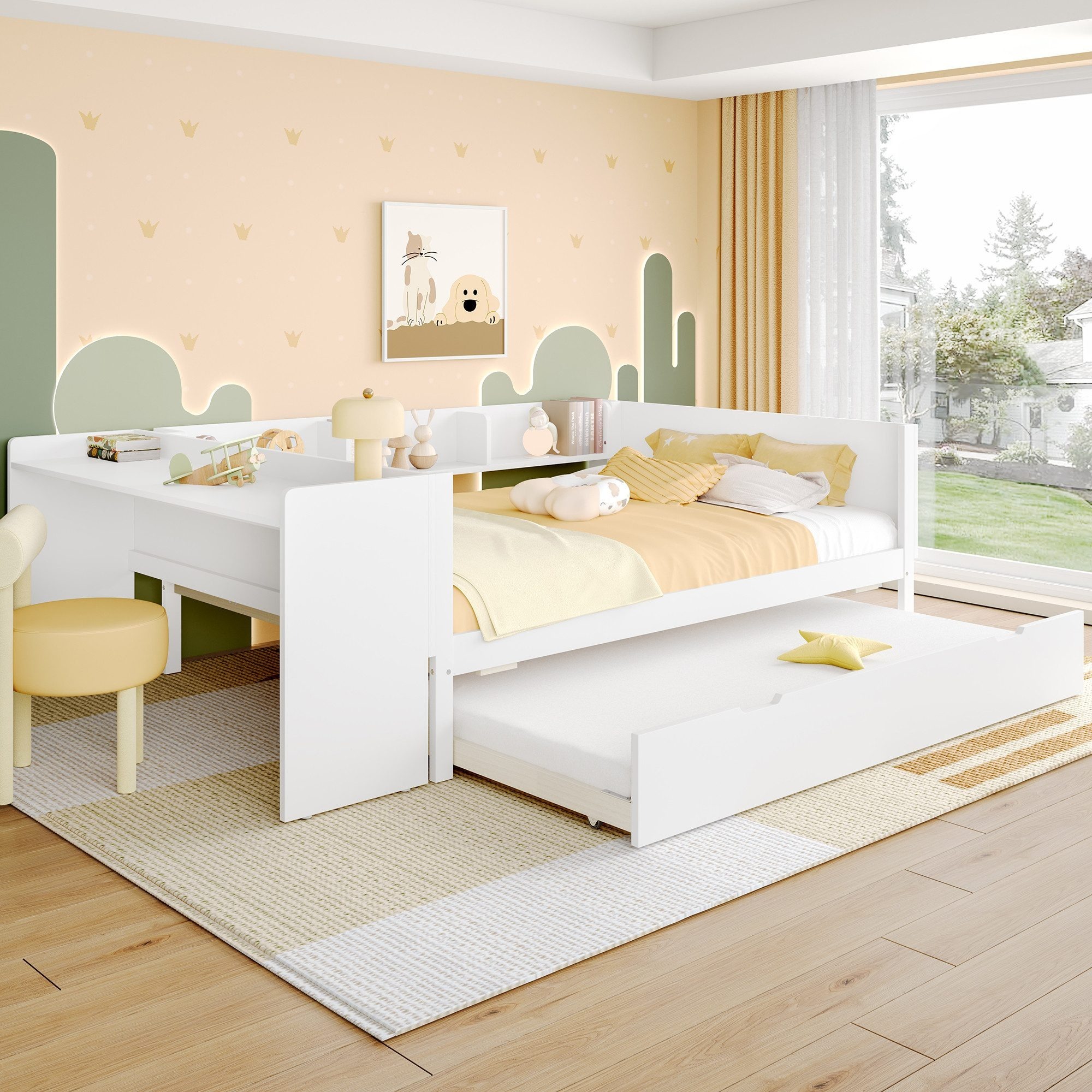 Odikalo Ausziehbett Daybett Flachbett Rollbett Schreibtisch Regalen Rosa 140x200cm