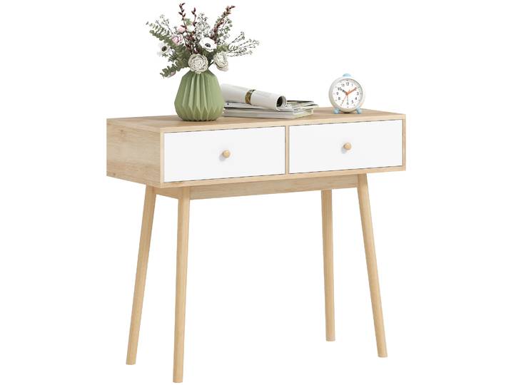 HOMCOM Mesa Console avec 2 Cajones Diseño Moderno en Roble y Blanco para Entrada Salón o Pasillo 86x35x75 cm
