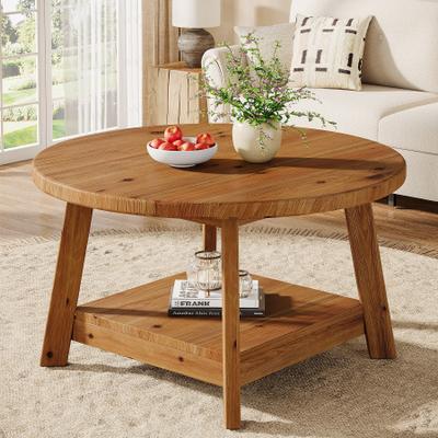 Bluebell Solid Wood Round Coffee Table with 2-Tier Shelf for Living Room