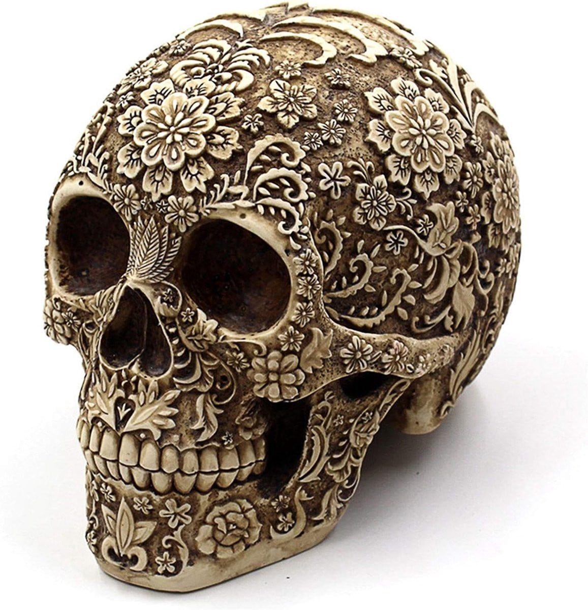 Schedel Bloemen Sculptuur - Handgegoten Hars Menselijk Hoofd Standbeeld voor Halloween Decoratie - Hoogte: 20,57 cm