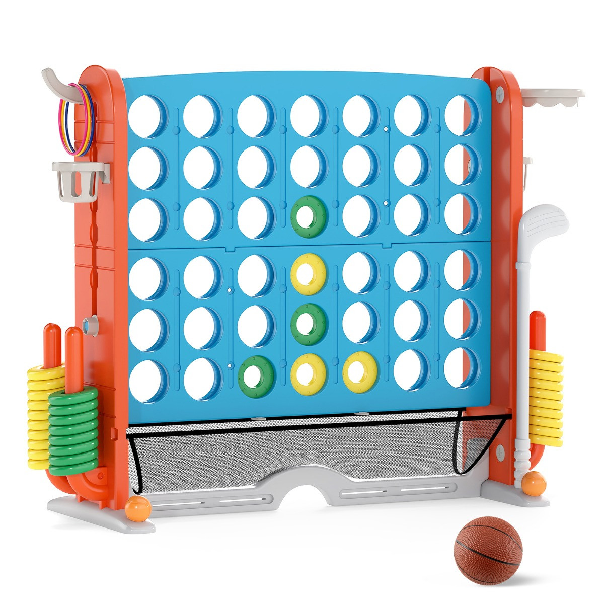 Costway 4-in-1 Spelset met Ringwerpen, Basketbalring, Golfclub en Drankhouder in het Blauw met Draagtas en Hoogte Verstelbaar