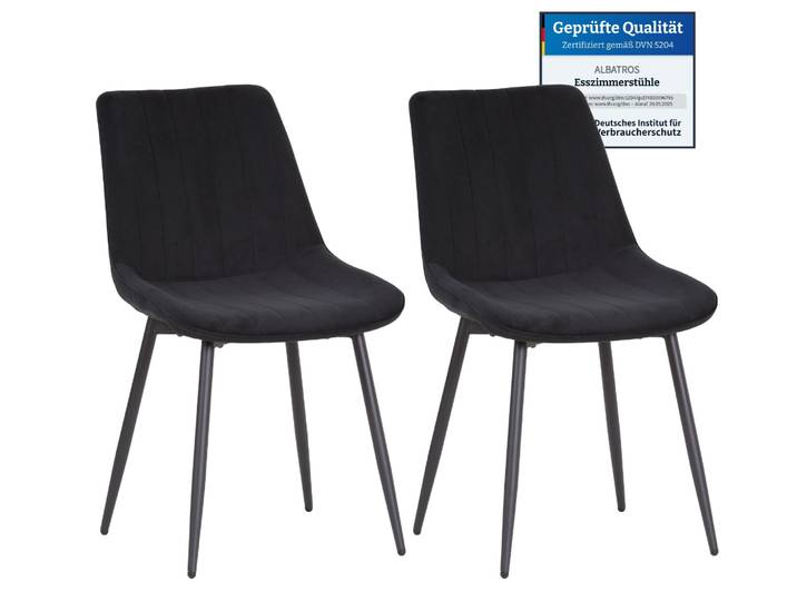 Albatros BOSA Samtstuhl Schwarz – 2er-Set Esszimmerstühle im modernen Retro-Design, gepolstert & ergonomisch, DEKRA-, pflegeleichter Bezug