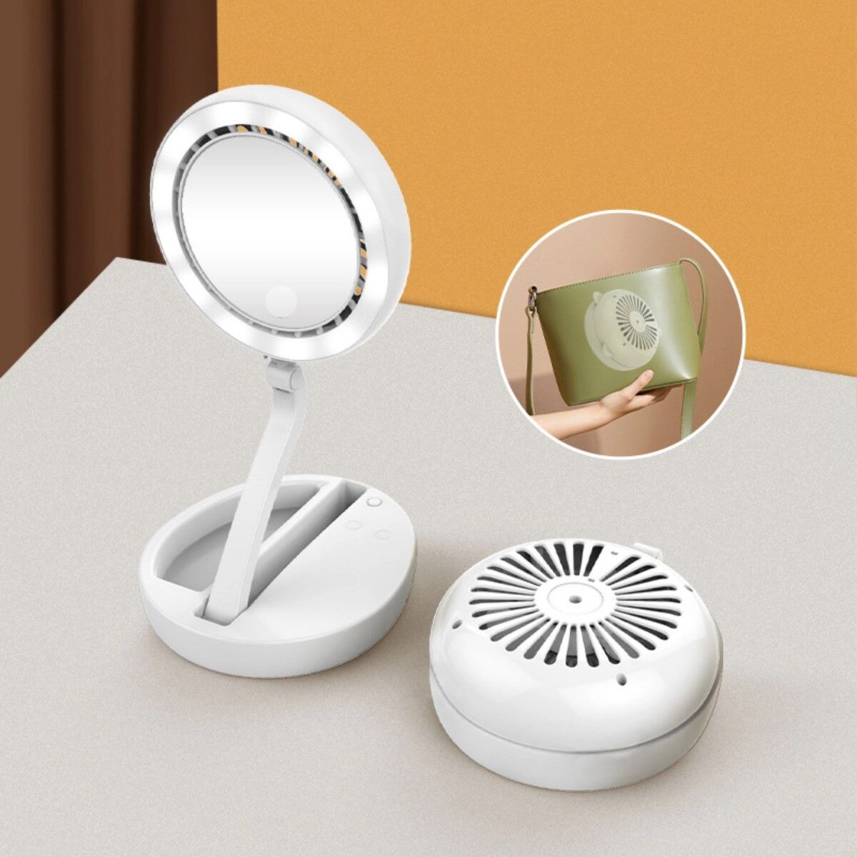 INF Faltbarer LED-Make-up-Spiegel mit Ventilator – Tragbarer, wiederaufladbarer Tischkosmetikspiegel mit einstellbarer