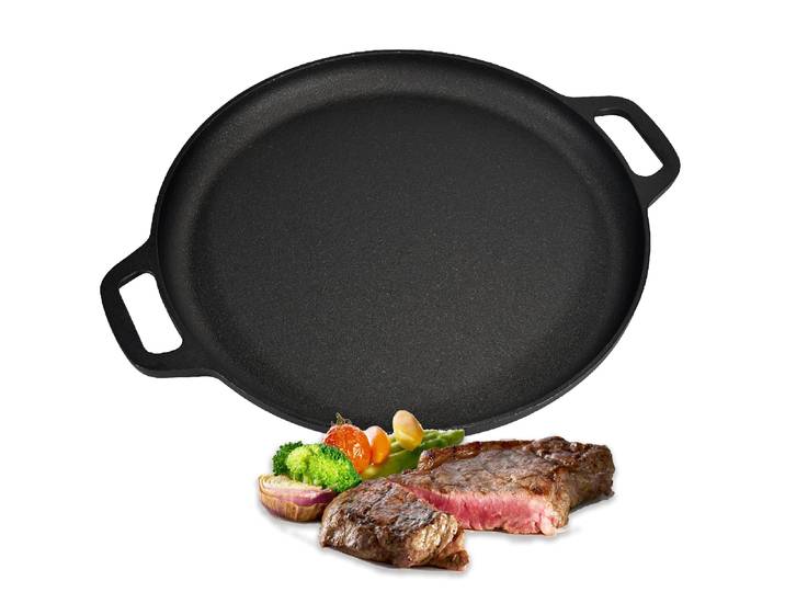 Poêle à pizza en fonte pré-assaisonnée, poêle à pizza avec touristes Foy Round, plaque chauffante pour la crème, le barbecue, le camping, 28 cm, 30cm