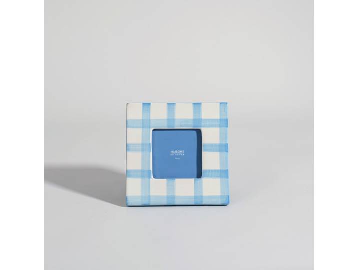 Bilderrahmen aus Steingut mit blauem Vichy-Karo-Muster, 9 x 9 cm