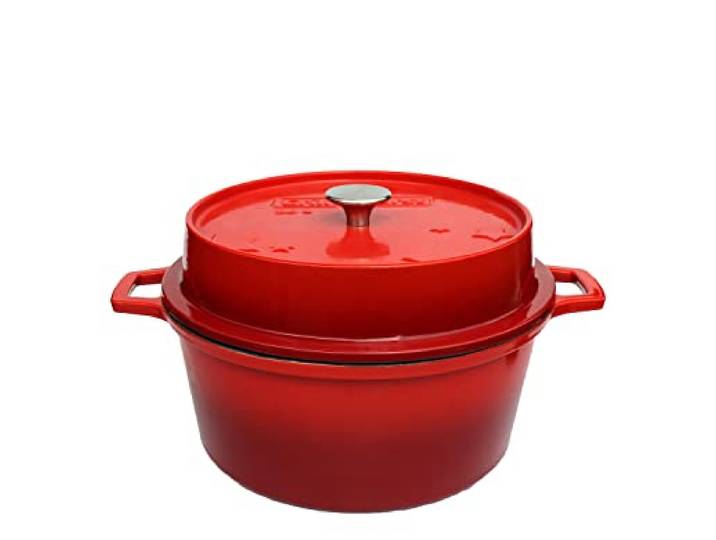 Grillfürst farbig emaillierter Dutch Oven ca. 6 Liter Fassungsvermögen - stabil stehender Gusseisentopf ohne Füße, rote kratzfeste Emaillierung, multifunktional, ca. 19,5 x 35,6 cm, DO6